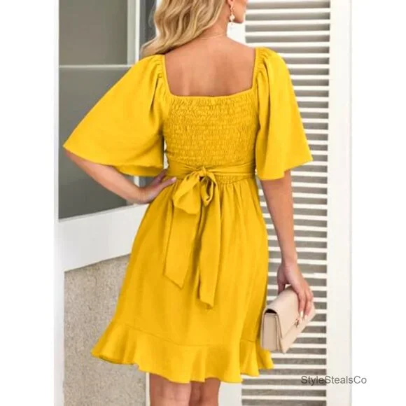 Wrap V-Neck Mini Dress with Flared Sleeves, Elastic Waist, and Belt - Picture 2 of 7